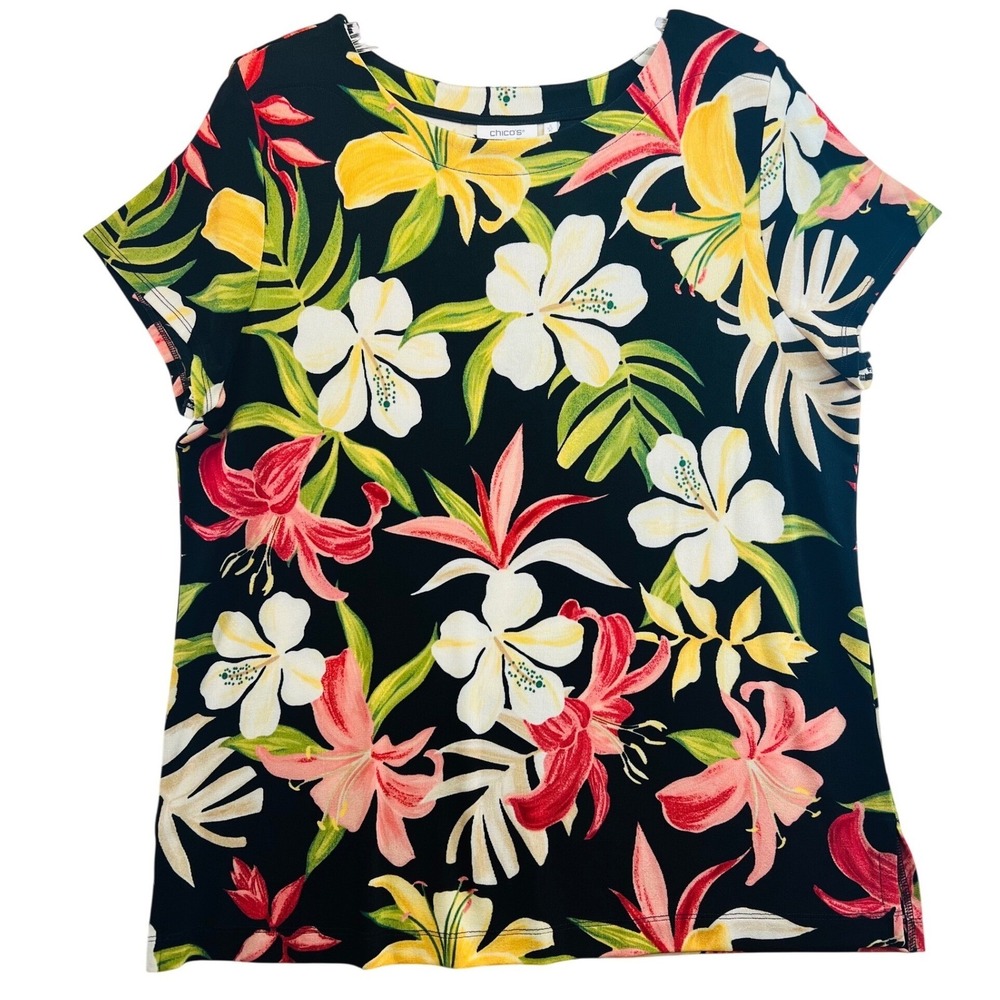 Chicos Womens Tropical Floral Hibiscus Print Short Sleeve Top Black XL BT1310-05